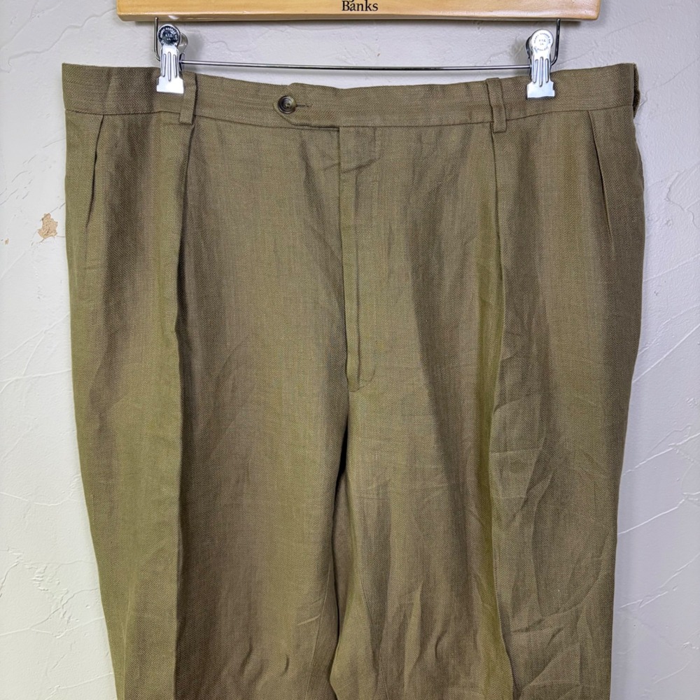 Harold Powell Linen Trousers Mens 42 Brown Pleated Cuffed Herringbone Old Money - Picture 4 of 8